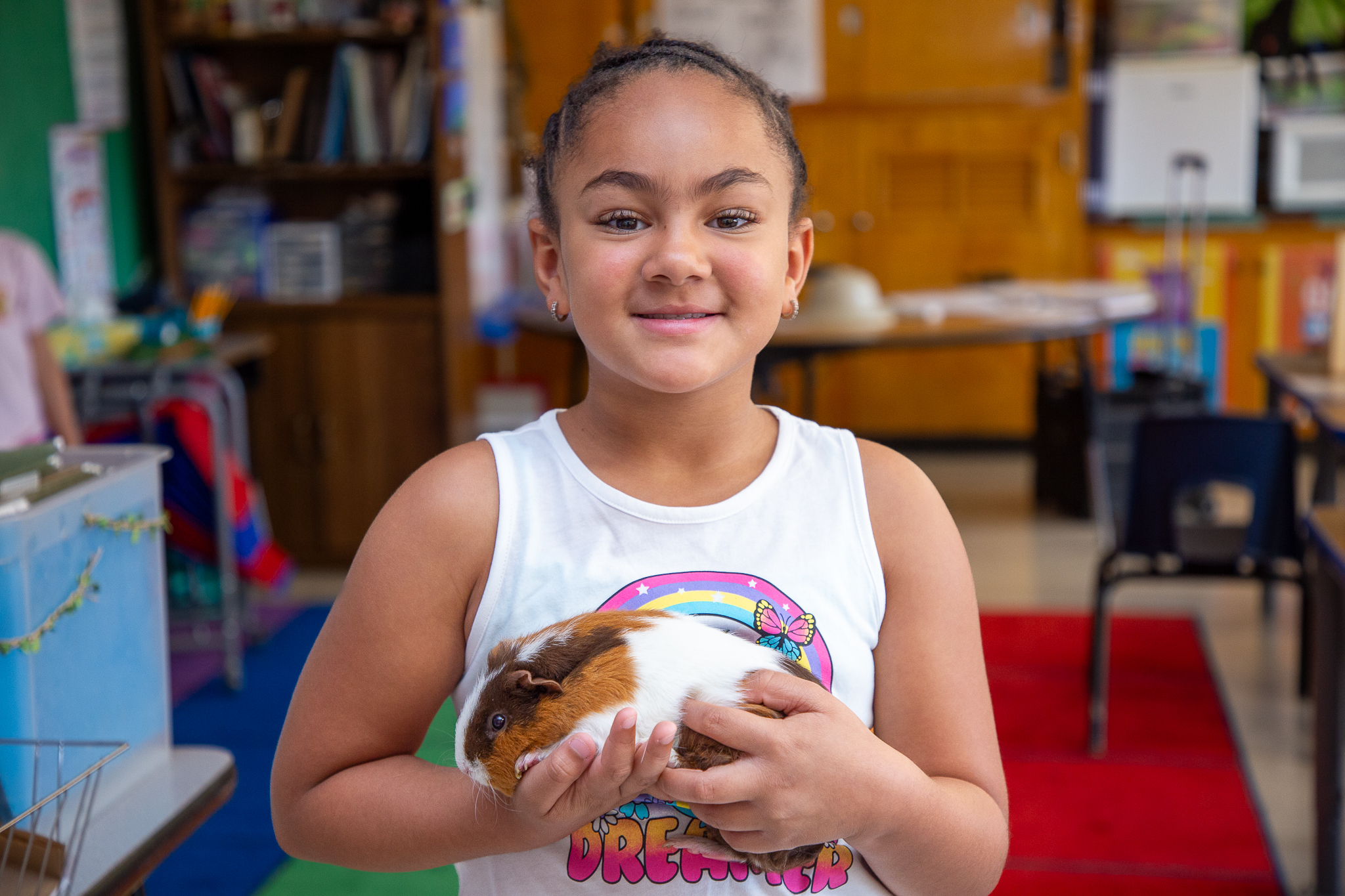 A little girl smiles as she holds the class guinea pig